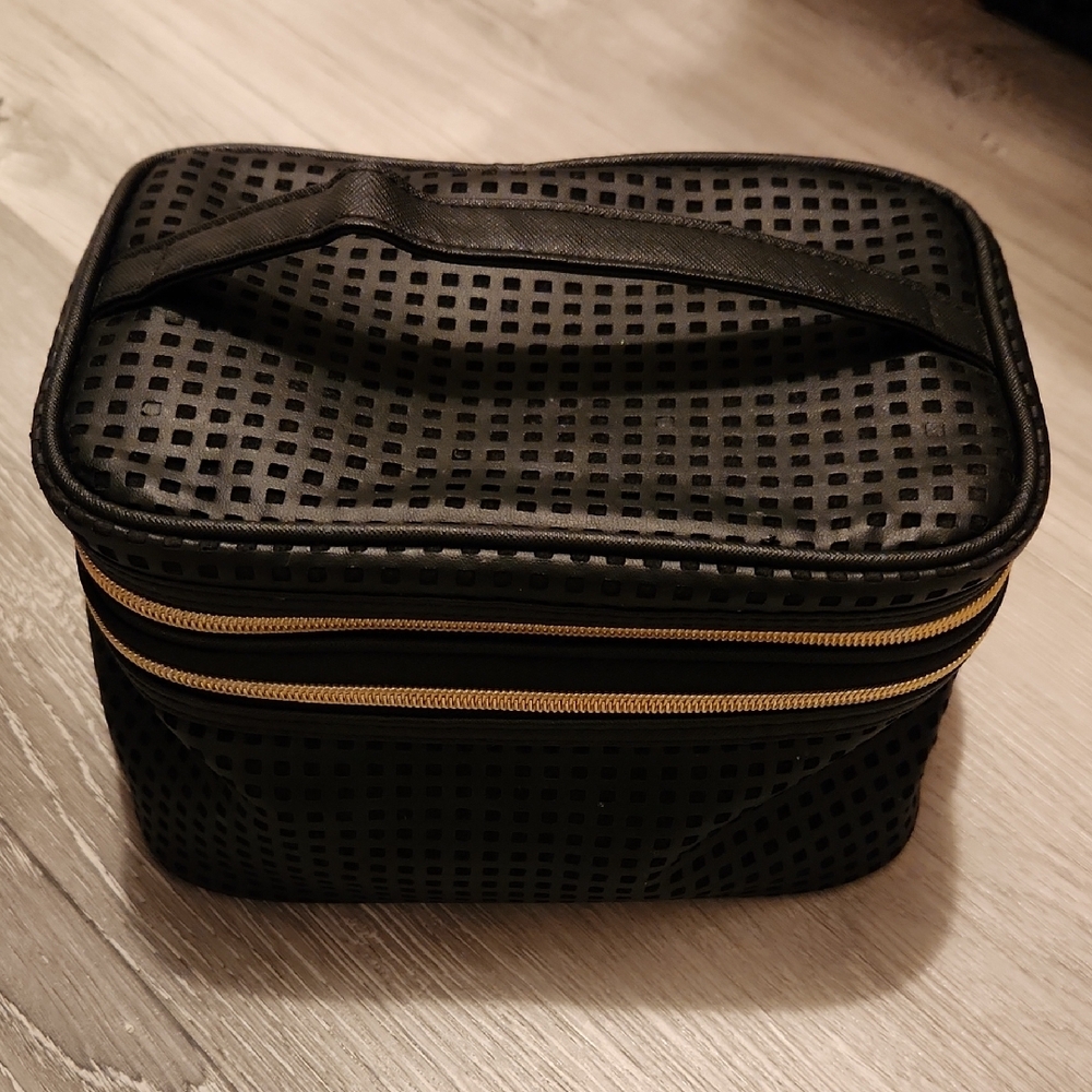 Black Perforated 2 Compartment Cosmetic Bag with Gold Zipper